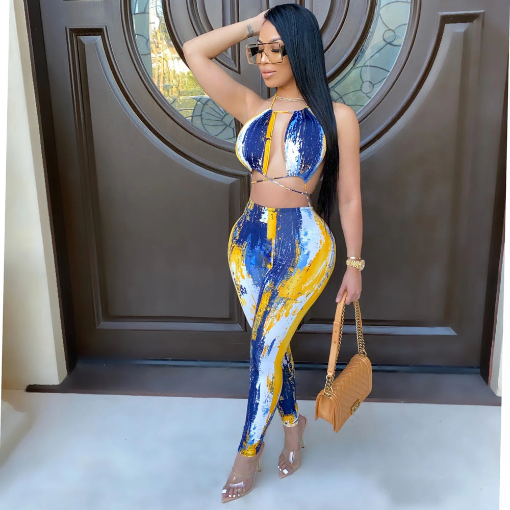 Women's Sexy Fashion Tie-Dye Tie-Up Two-Piece Trousers Set 4