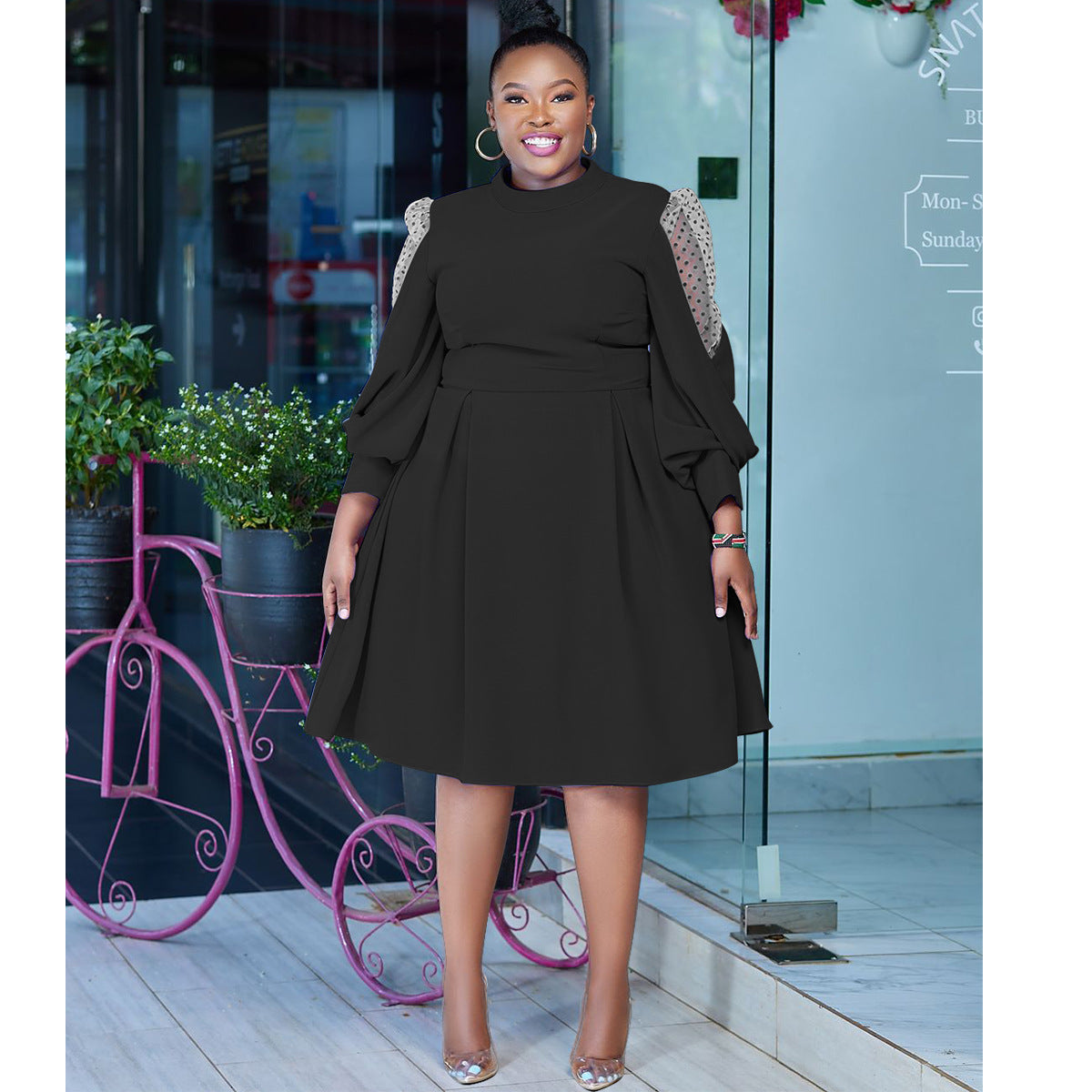 Autumn Polka Dot Mesh See-Through Lantern Sleeve Slim Waist Plus Size Dress 4