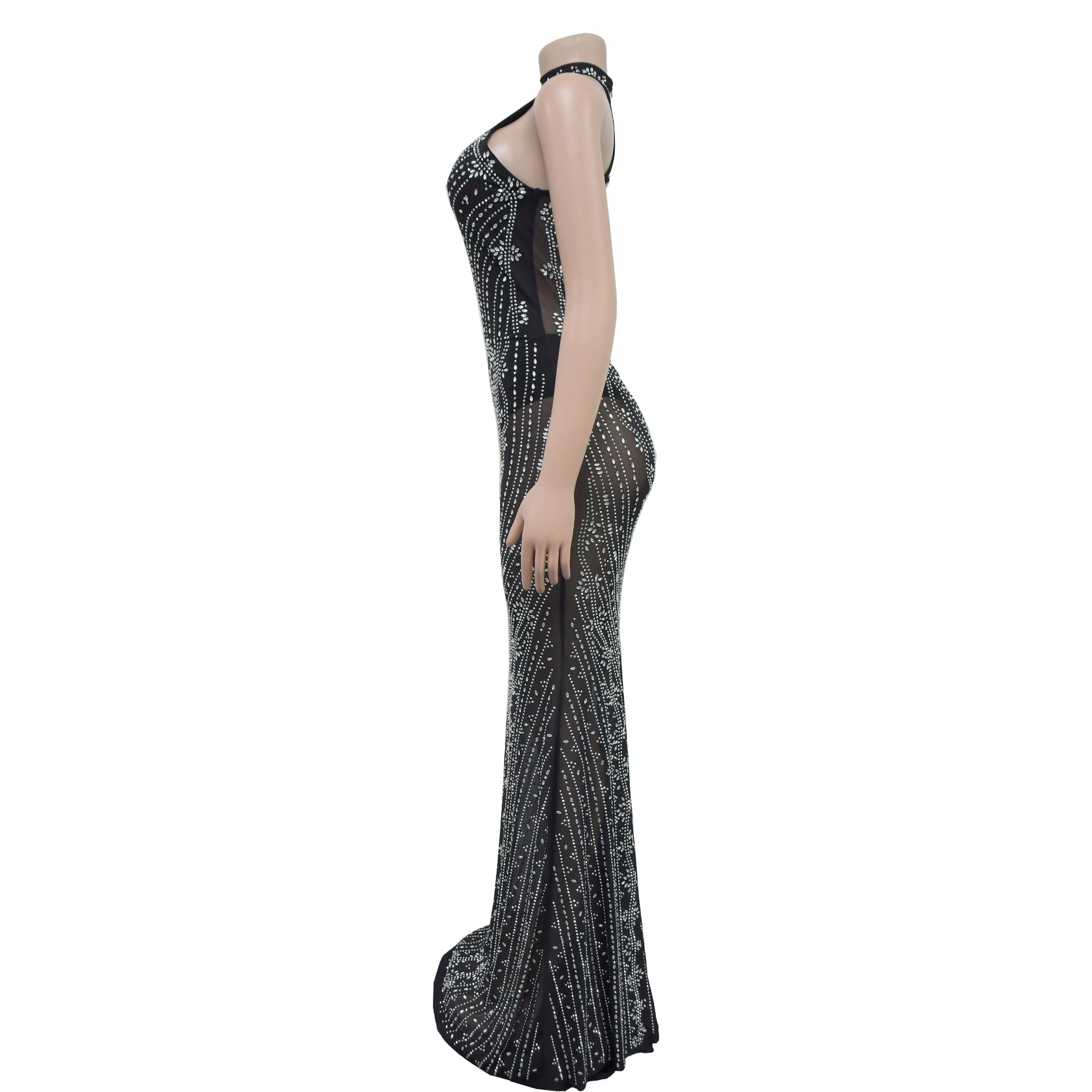 Fashionable Women's Solid Color Mesh Beaded Long Dress 8