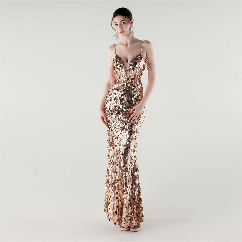 Tassel Sequined Deep V-Neck Low Back Fishtail Evening Dress for Summer Dinners 6