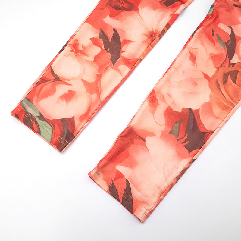 Women Fall/Winter Round Neck Floral Print Long-Sleeved Top and Pants Two-Piece Set 19