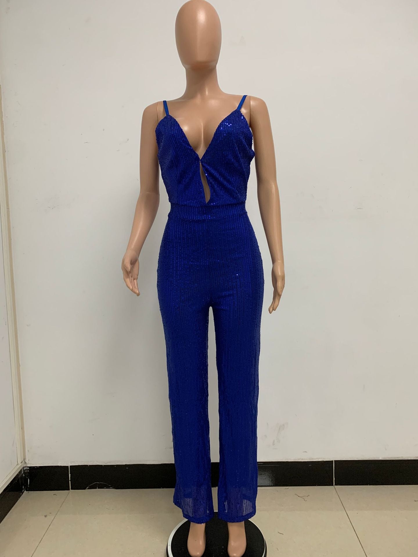 Deep V Neck Low Back Sleeveless Chic Sequined Straps Elegant Women's Party Jumpsuit 116