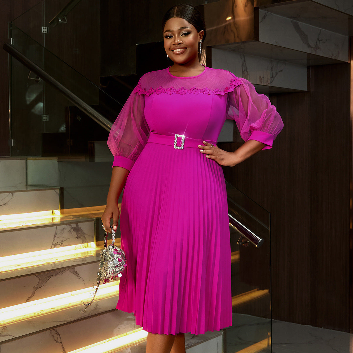 Plus Size Mesh Patchwork Lantern Formal Party Dress Career A-Line Pleated Dress