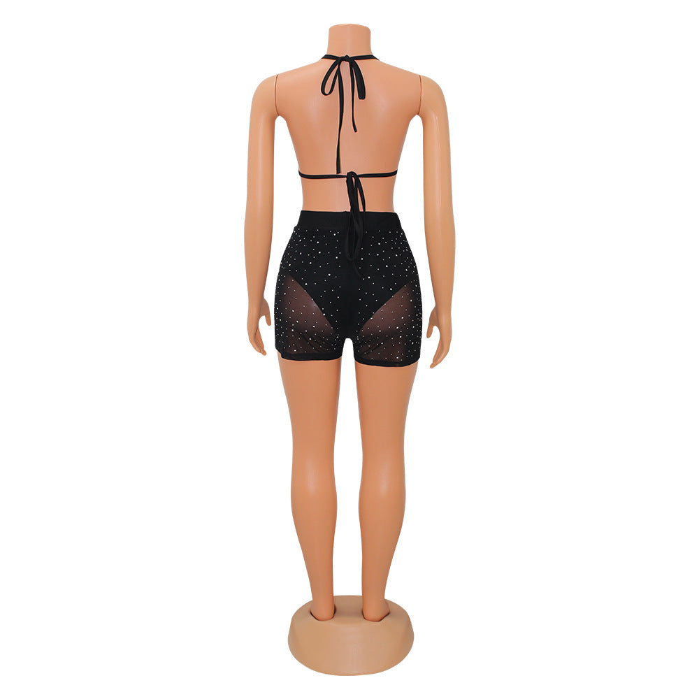 Women's Fashion Sexy Tight Fitting Mesh See-Through Beaded Two-Piece Shorts Set for Women 10