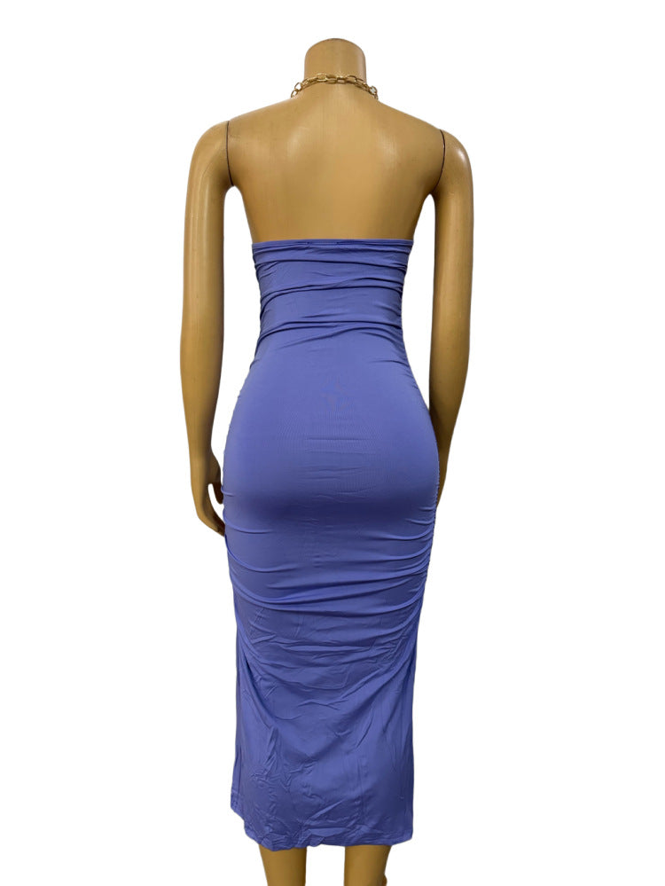 Women Halter Neck U-neck sexy Backless Pleated Solid Dress 3