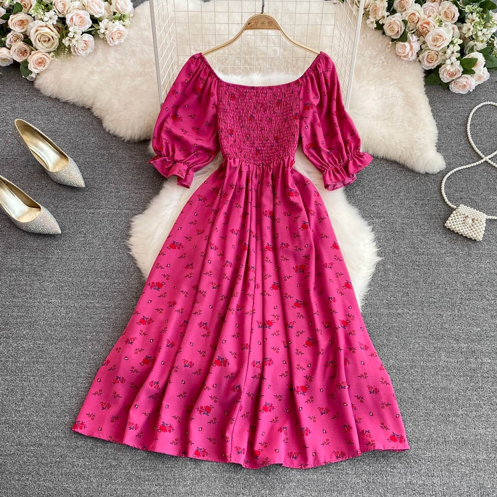 Women summer French square neck puff short sleeve slit dress 27