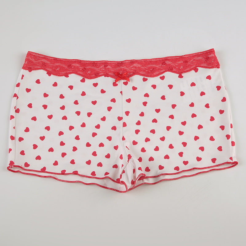 Women Heart Print Lace V-Neck Suspender Top and Shorts Two Piece Set 13