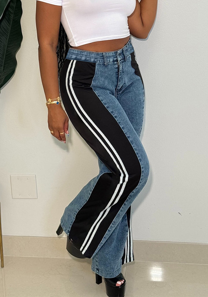 Fashion Patchwork Striped Wide-Leg High-Waist Straight Casual Women's Denim Pants
