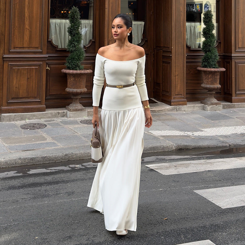 Spring Solid Color Off Shoulder Long Sleeve Slim Patchwork Long Dress 3