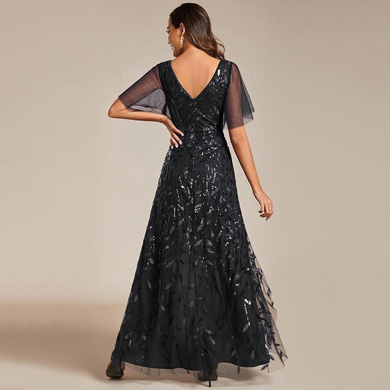 Elegant Embroidered Sequined Prom Dress Ruffle Sleeve Fishtail Long Evening Dress 10