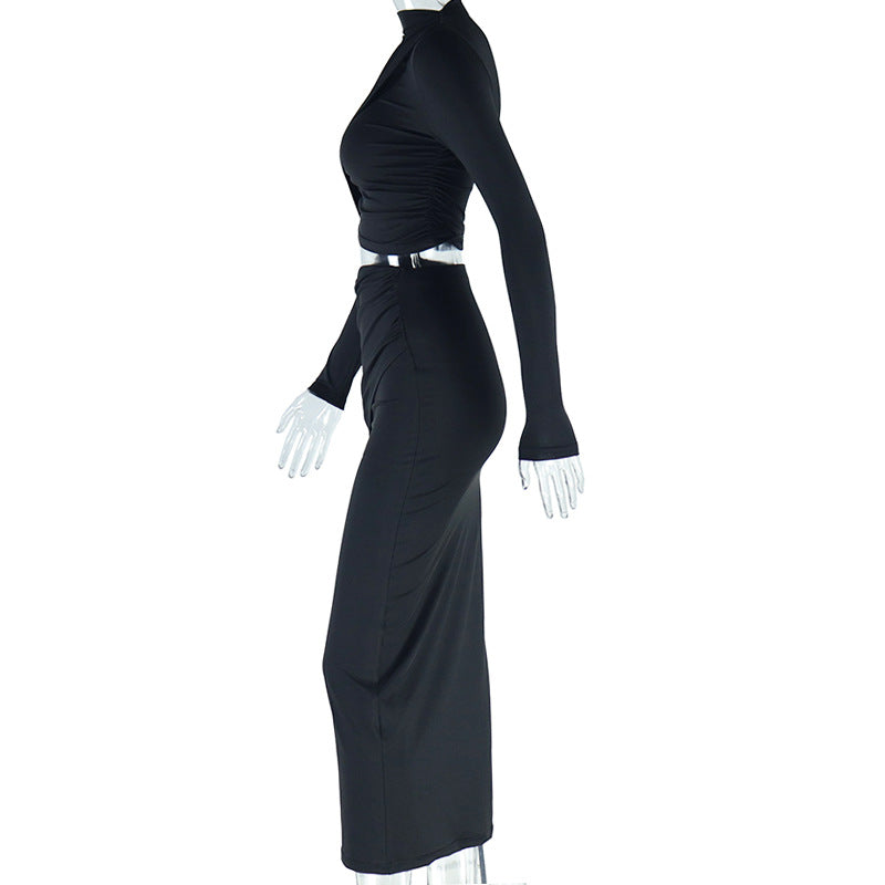 Solid Color Round Neck Irregular Long Sleeve Crop Top Slim Long Skirt Two Piece Set 12