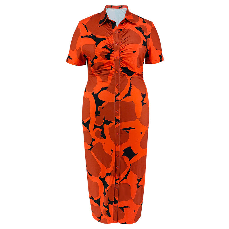 Plus Size Women Button Turndown Collar Short Sleeve Maxi Dress 7