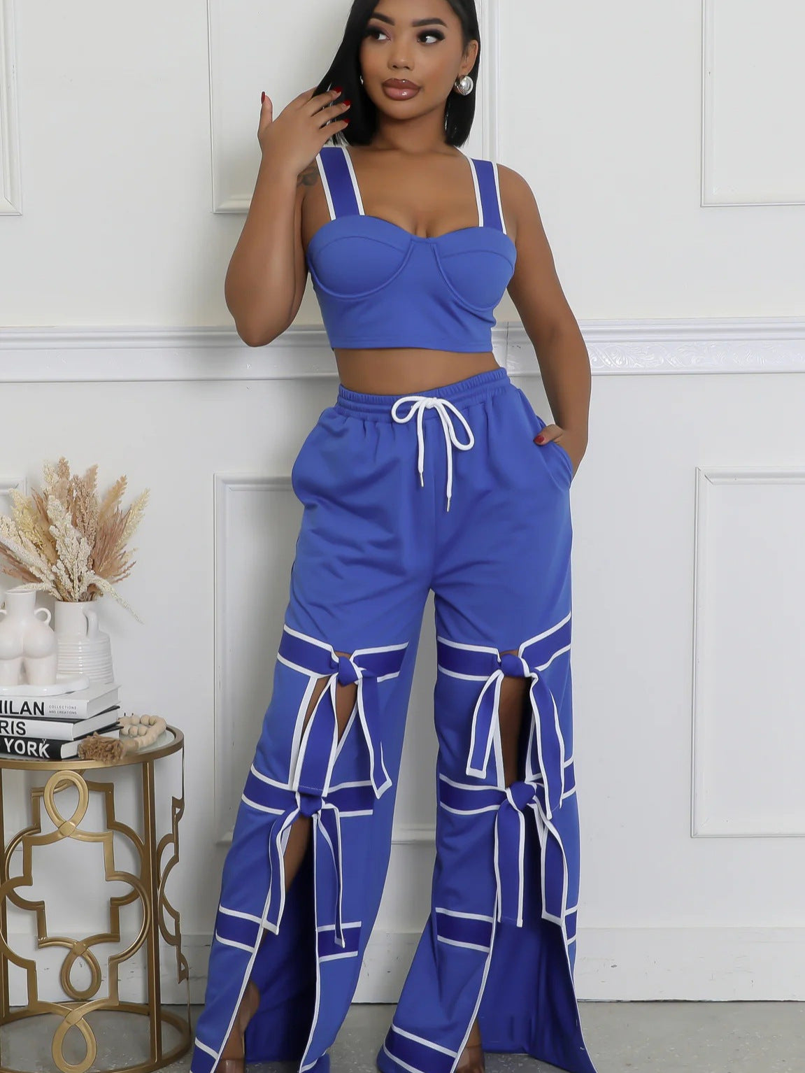 Women's Strap High-Waist Lace-Up Fashion Two Piece Pants Set 3