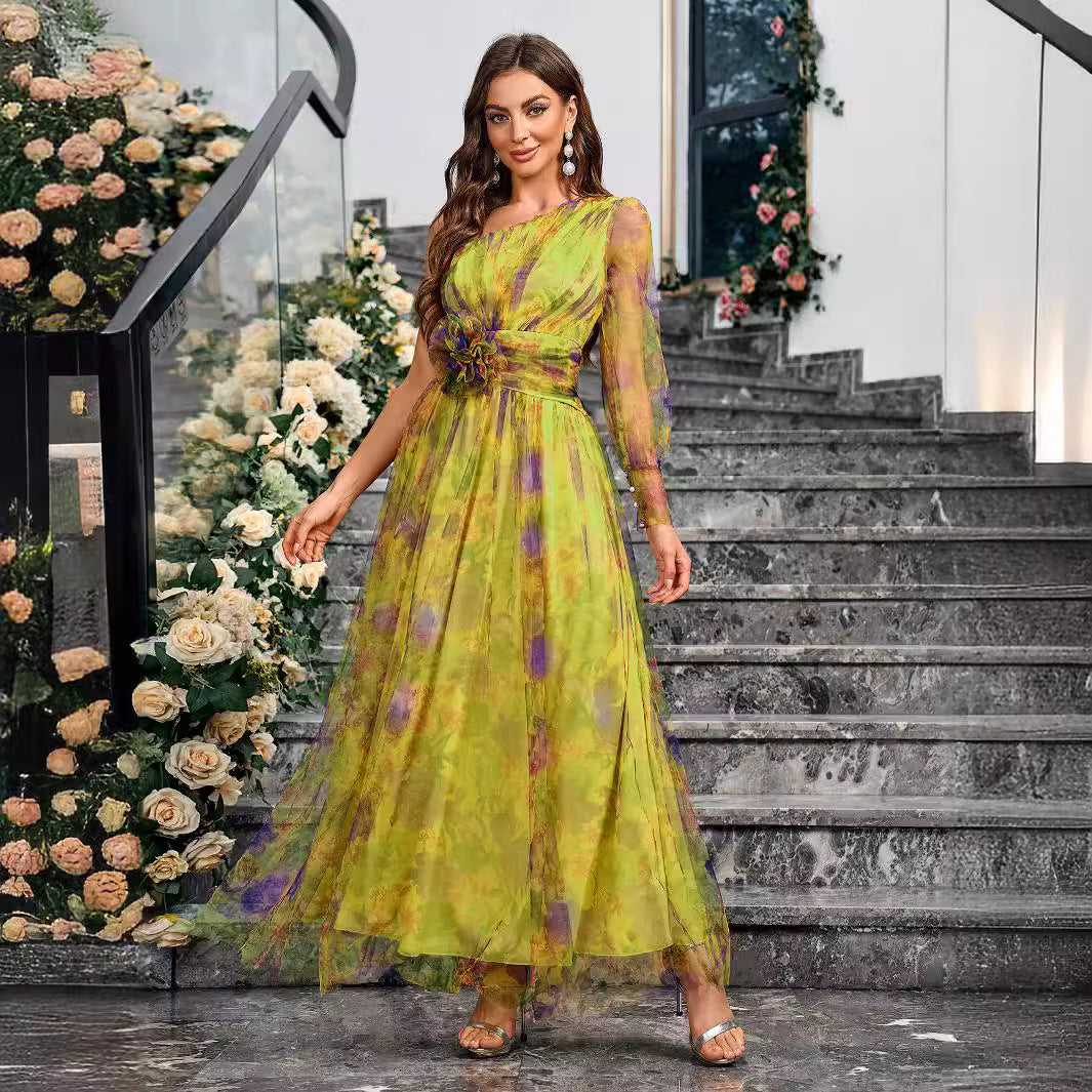 One Shoulder Print Elegant Slim Ladies Dress 5