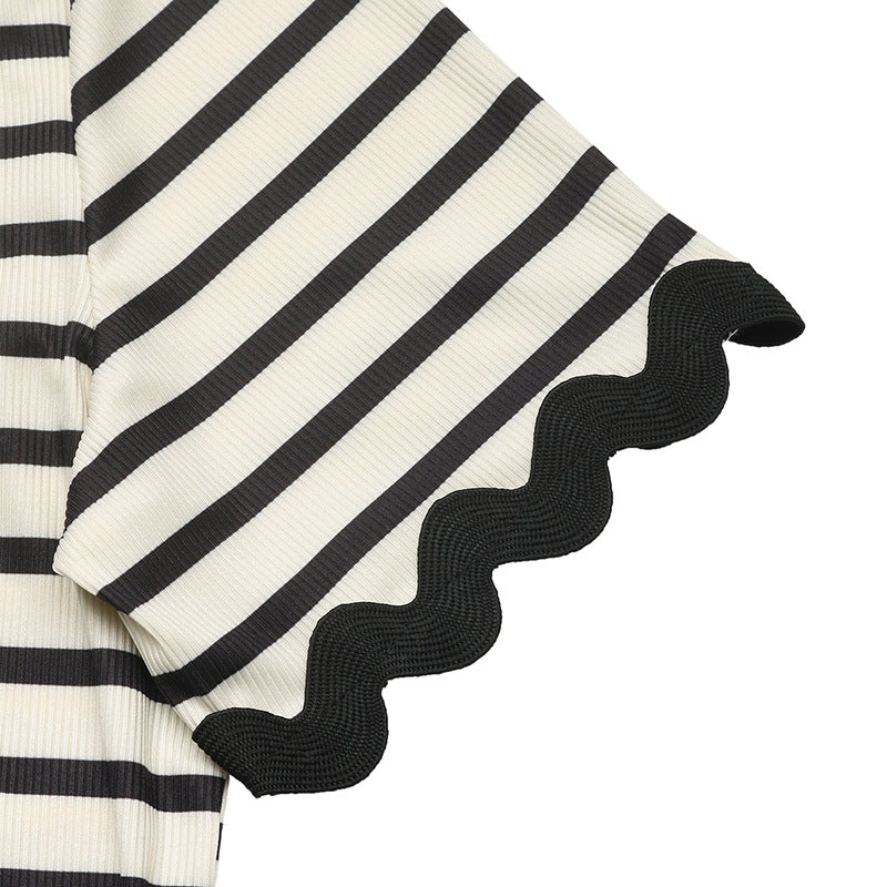 Women Casual Striped Lace Patchwork Top and Lace Shorts Two Piece Set 9