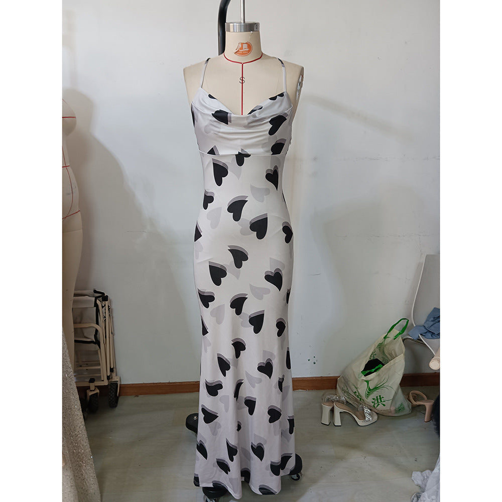 Women Summer Sexy Heart Print Print Backless Holidays Strap Dress 8