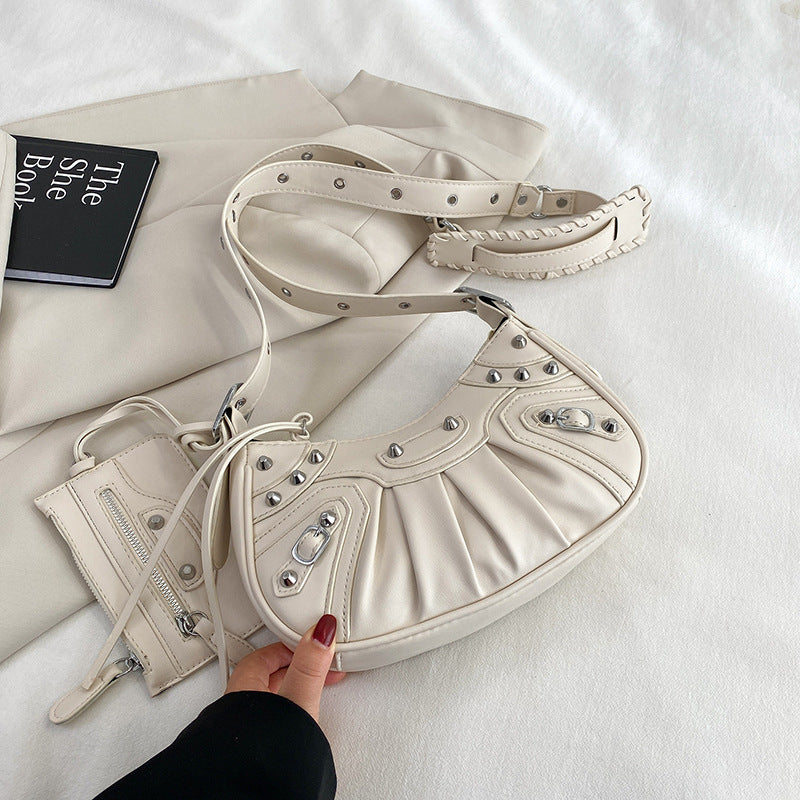 Diagonal pleated single shoulder women's retro rivet bag 30