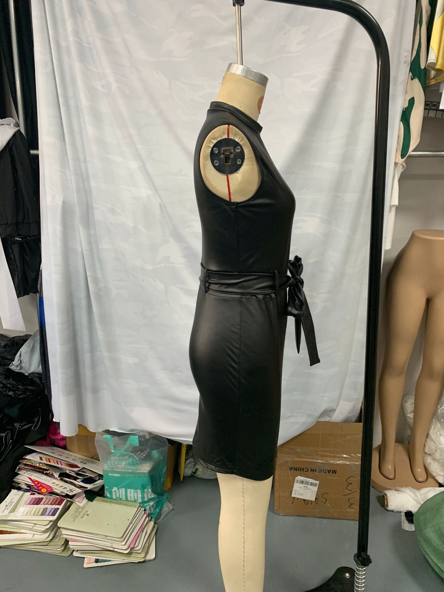 Women Casual Pu-Leather drawstring Bodycon dress 4