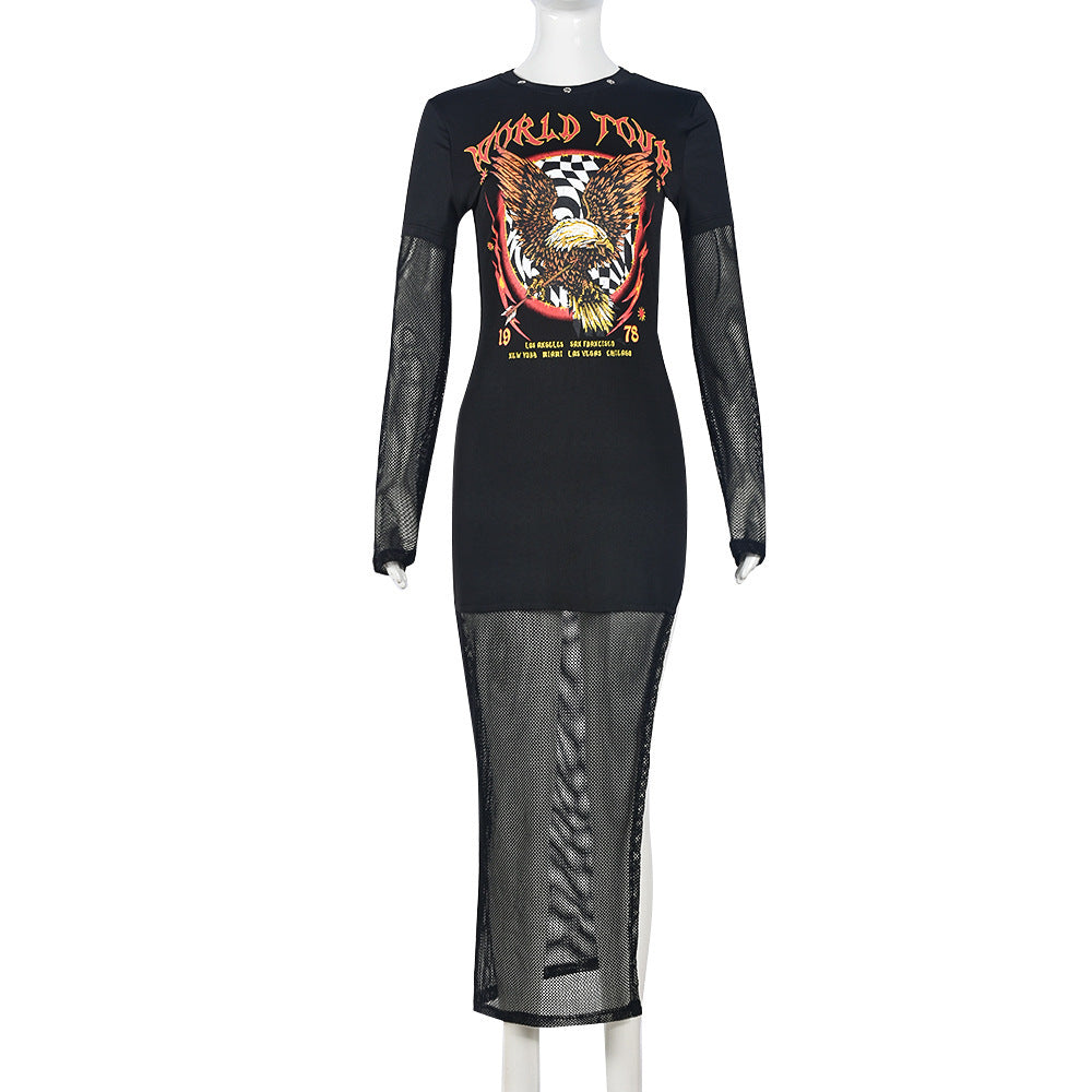 Women Round Neck Long-Sleeved Patchwork Sexy Cutout Dresses 8