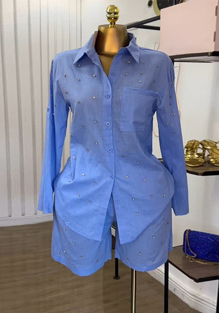 Women's summer fashion solid color turn-down collar beaded slim fit long sleeve shirt and shorts set