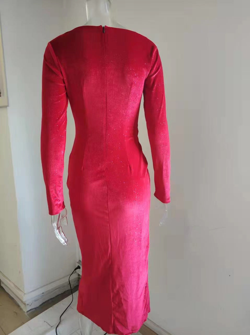 Women Sexy Leg-Exposing Long Sleeve Velvet Dress 14