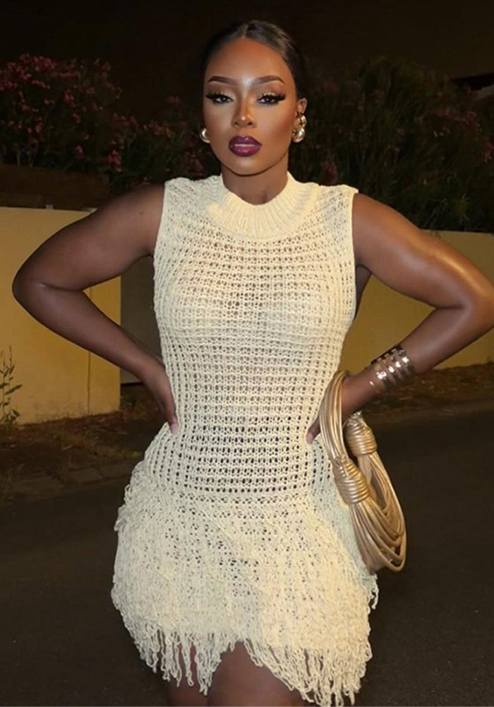 Women Summer Sexy Sleeveless Tassel Hollow Patchwork Dress