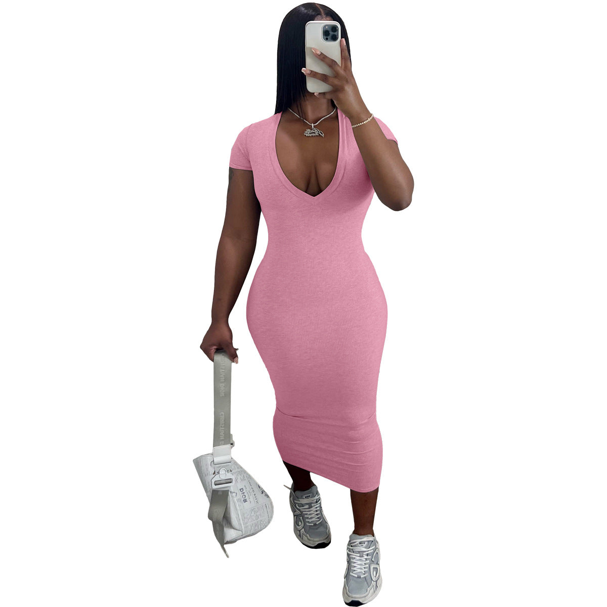 Fashion Solid Color Casual Fashion Sexy Deep V Ribbed Dress 7