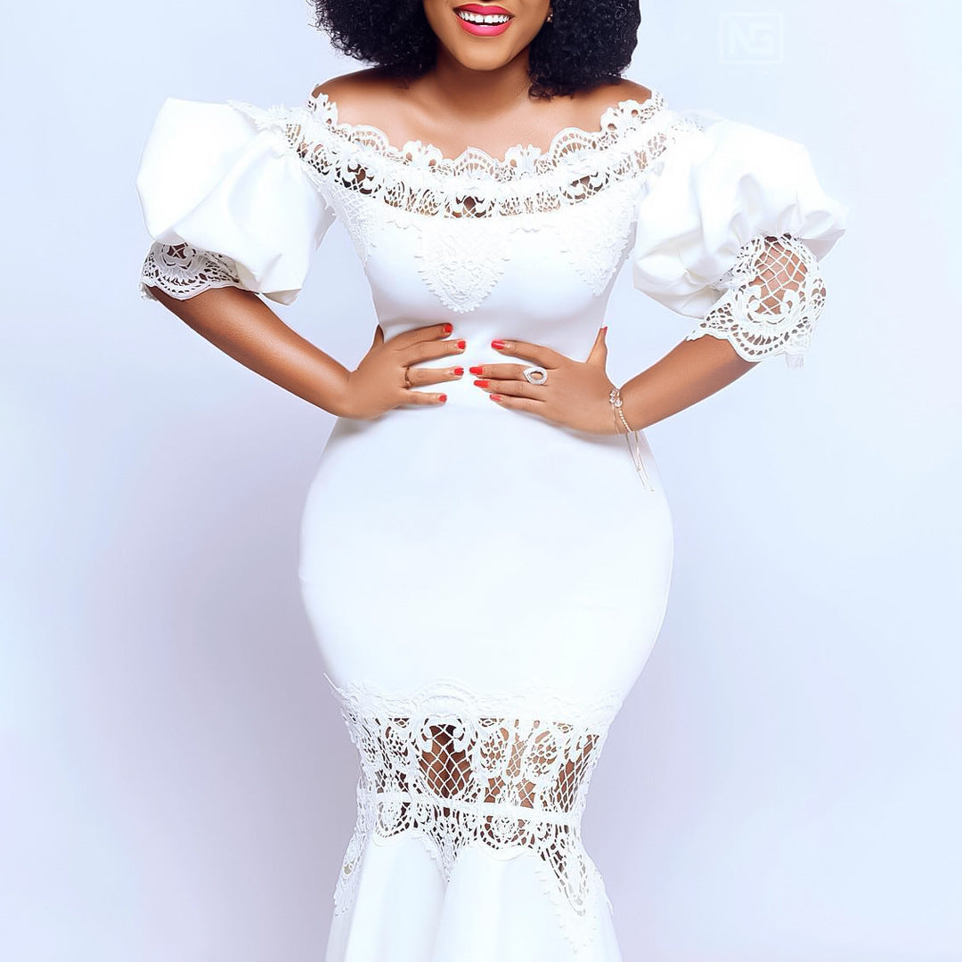 Women Off Shoulder Puff Sleeve Lace Patchwork Formal Party Mermaid Dress 3