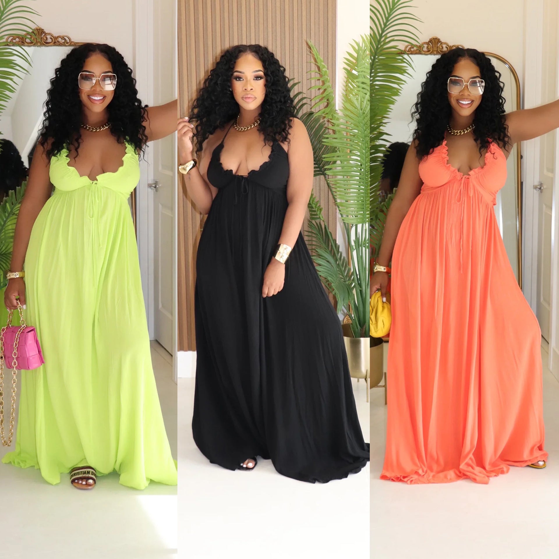 Women Casual Drawstring Lace V-Neck Solid Slip Dress 8