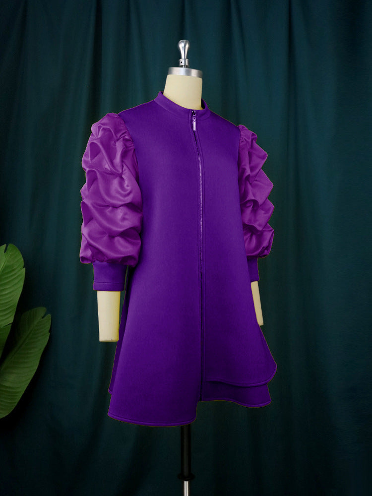 Plus Size Women's Career Stand Collar Pleated Sleeve A-Line Dresses 14