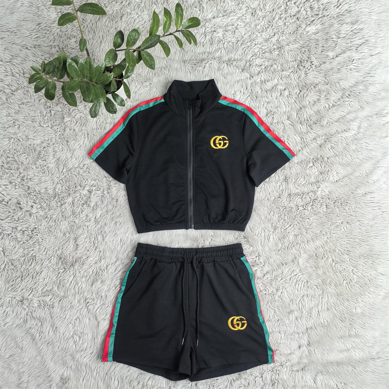 Women summer Casual Pocket embroidered sports short-sleeved Top and shorts two-piece set 4