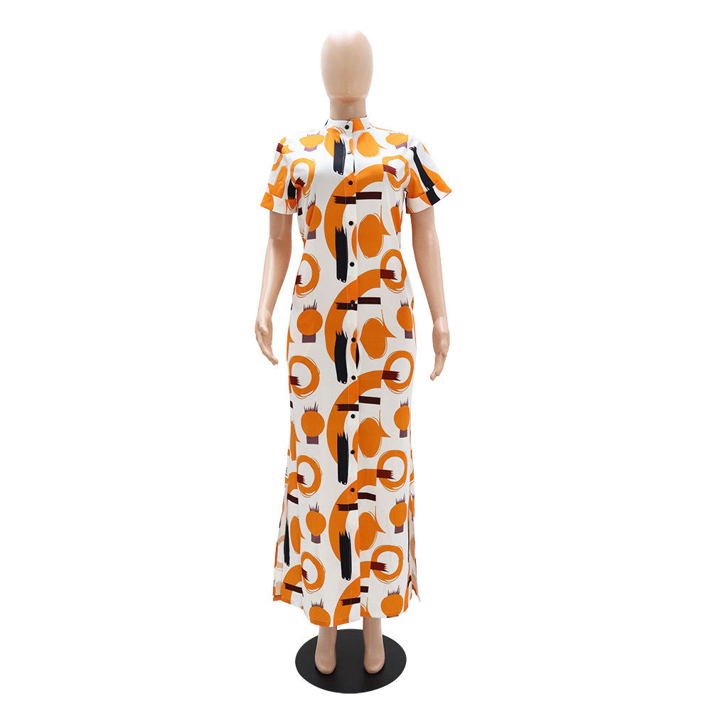 Women Stand Collar Printed Chic Button Slit Maxi Dress 9
