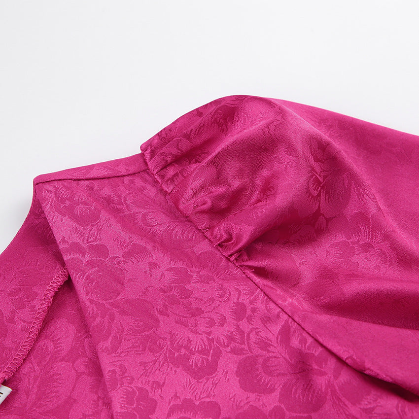 Autumn V-Neck Cut-Out Jacquard Lantern Sleeve Short Dress 13