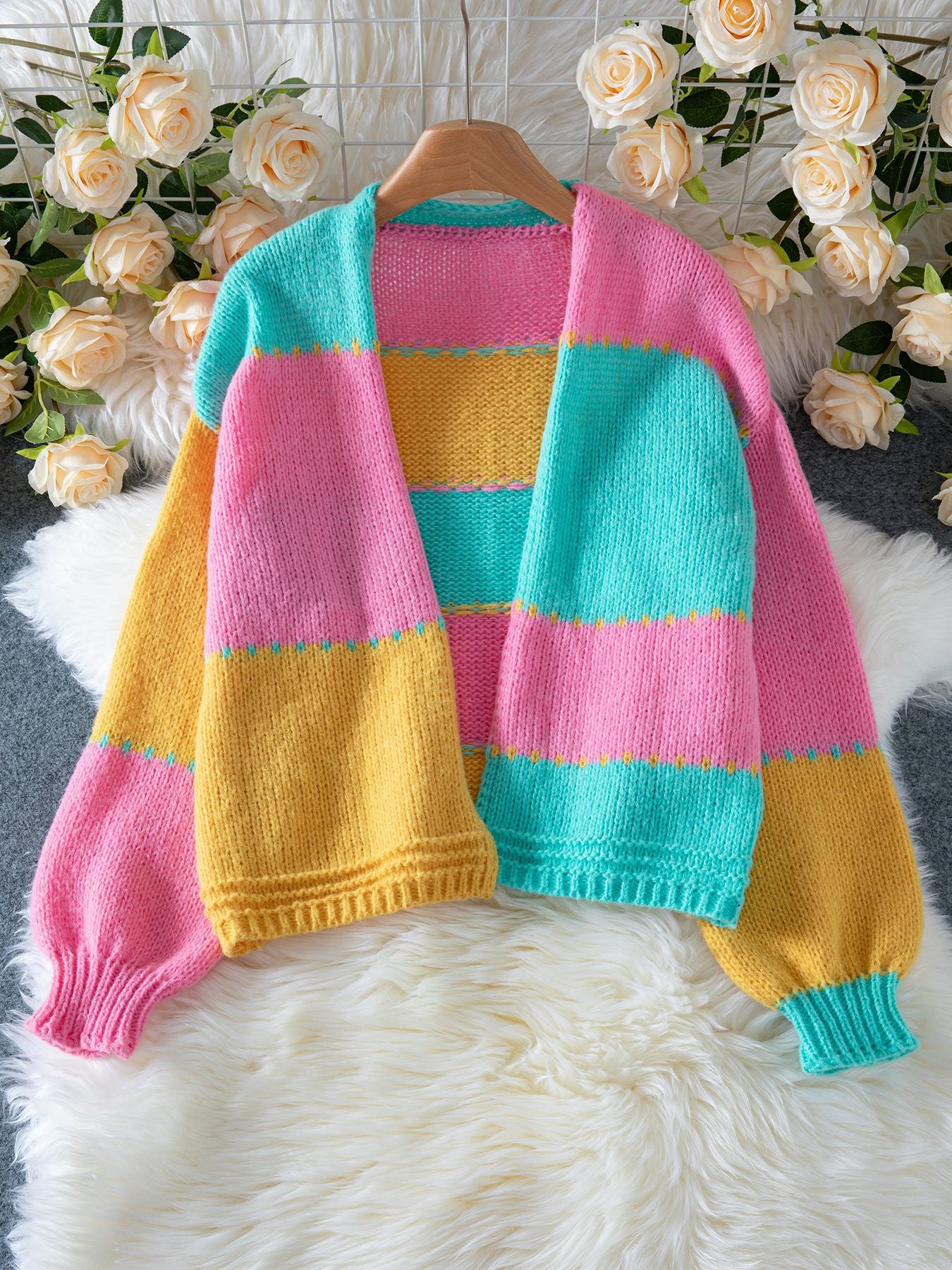 Contrast Patchwork Cardigan Women Autumn Winter Loose Knit Sweater Coat 5