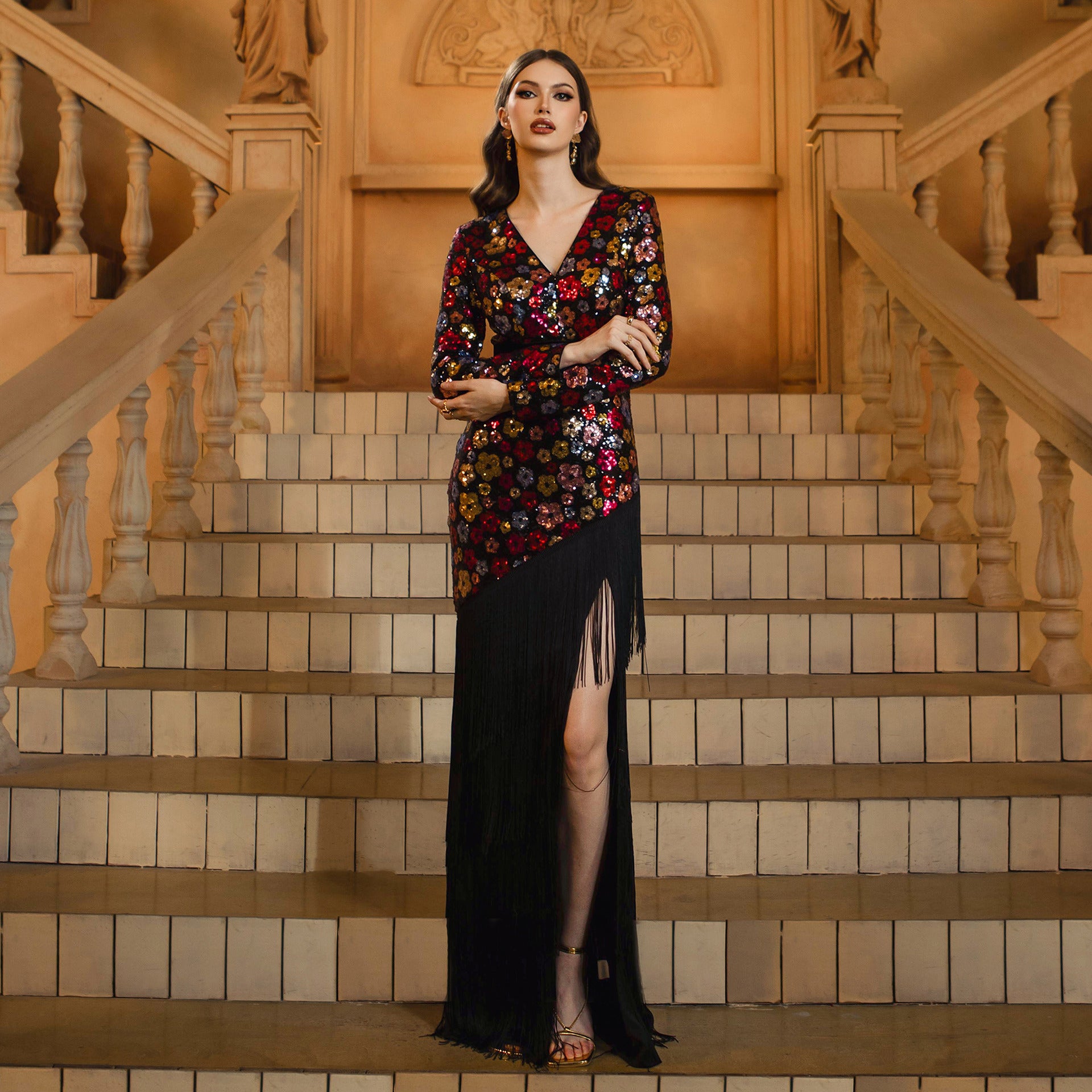 Women long-sleeved v-neck tassel sequins Formal Party fishtail evening dress 7