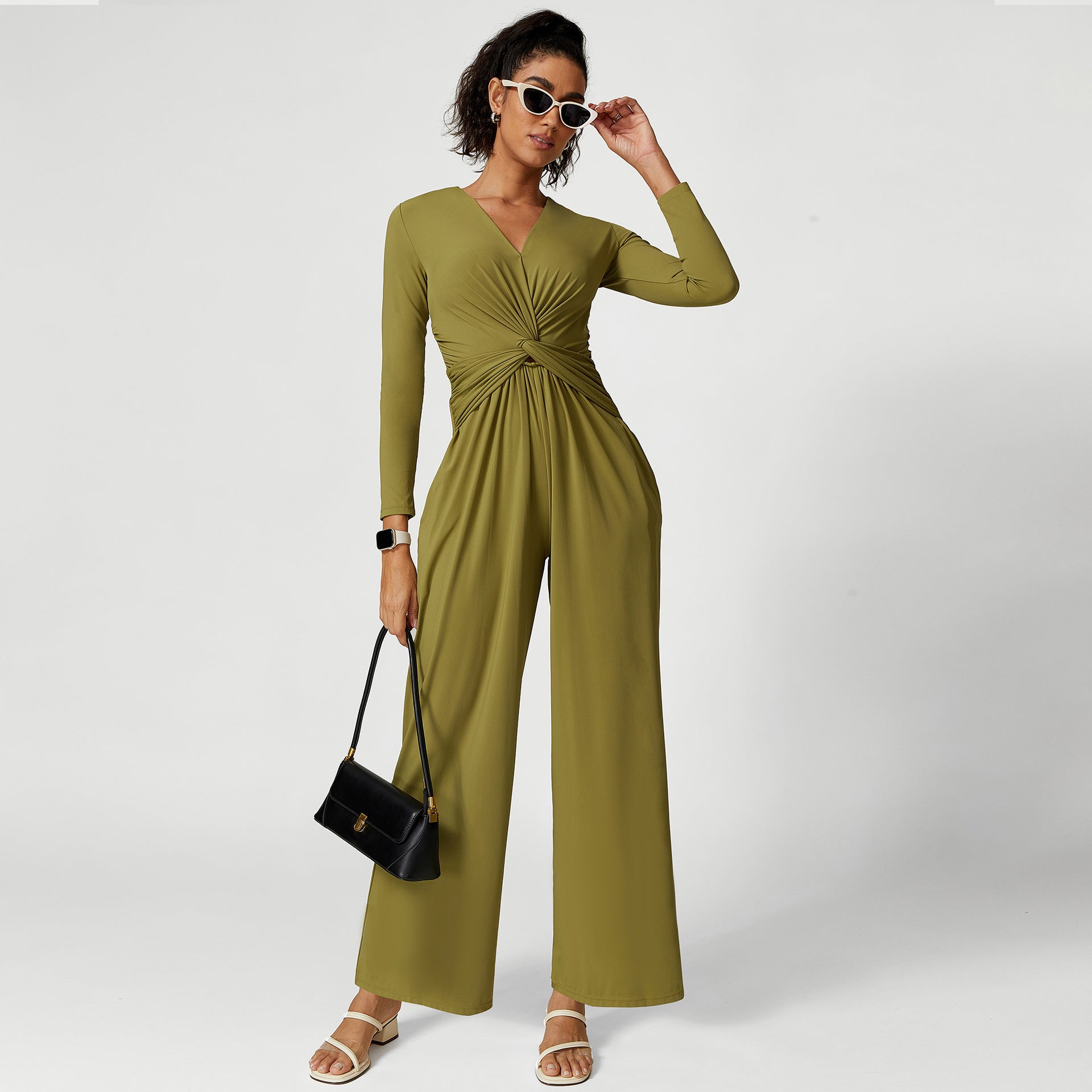 Women sexy v-neck pleated split yoga jumpsuits 5