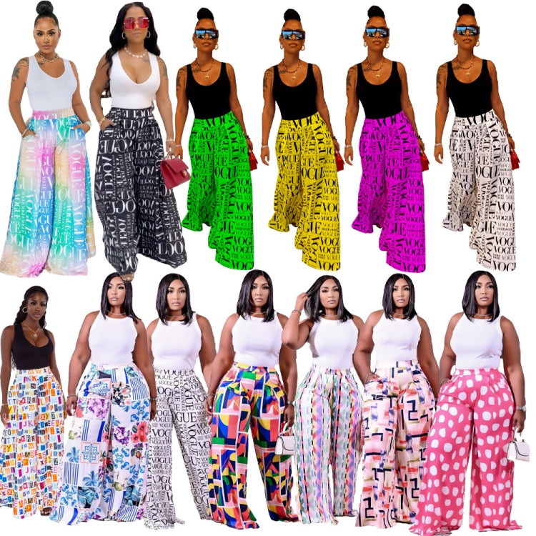 Women Summer Printed Wide Leg Pants High Waist Elastic Waist Letter Print Pockets Full Length Loose Pants 3