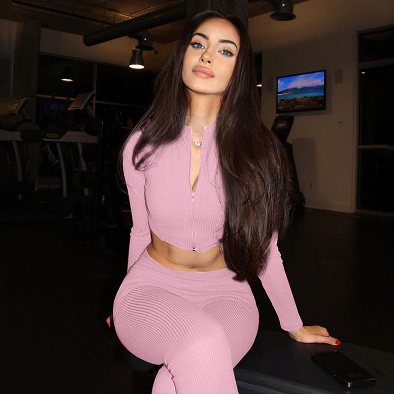 Women winter solid long-sleeved zipper top Pant two-piece set 9