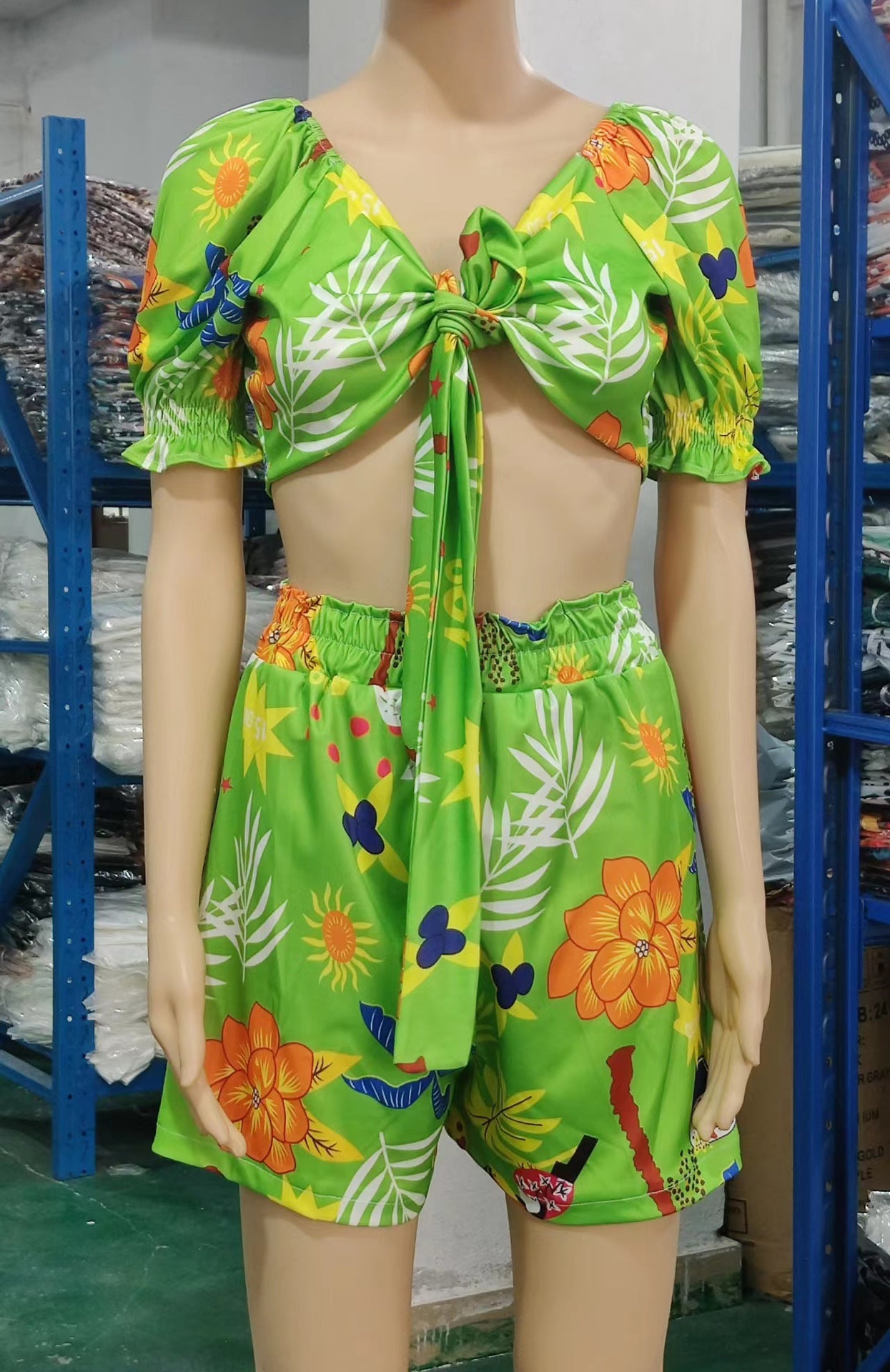 Women Clothes Lace Up Short Summer Sleeve Print Suit Shorts V-Neck Top Two Piece Set 17