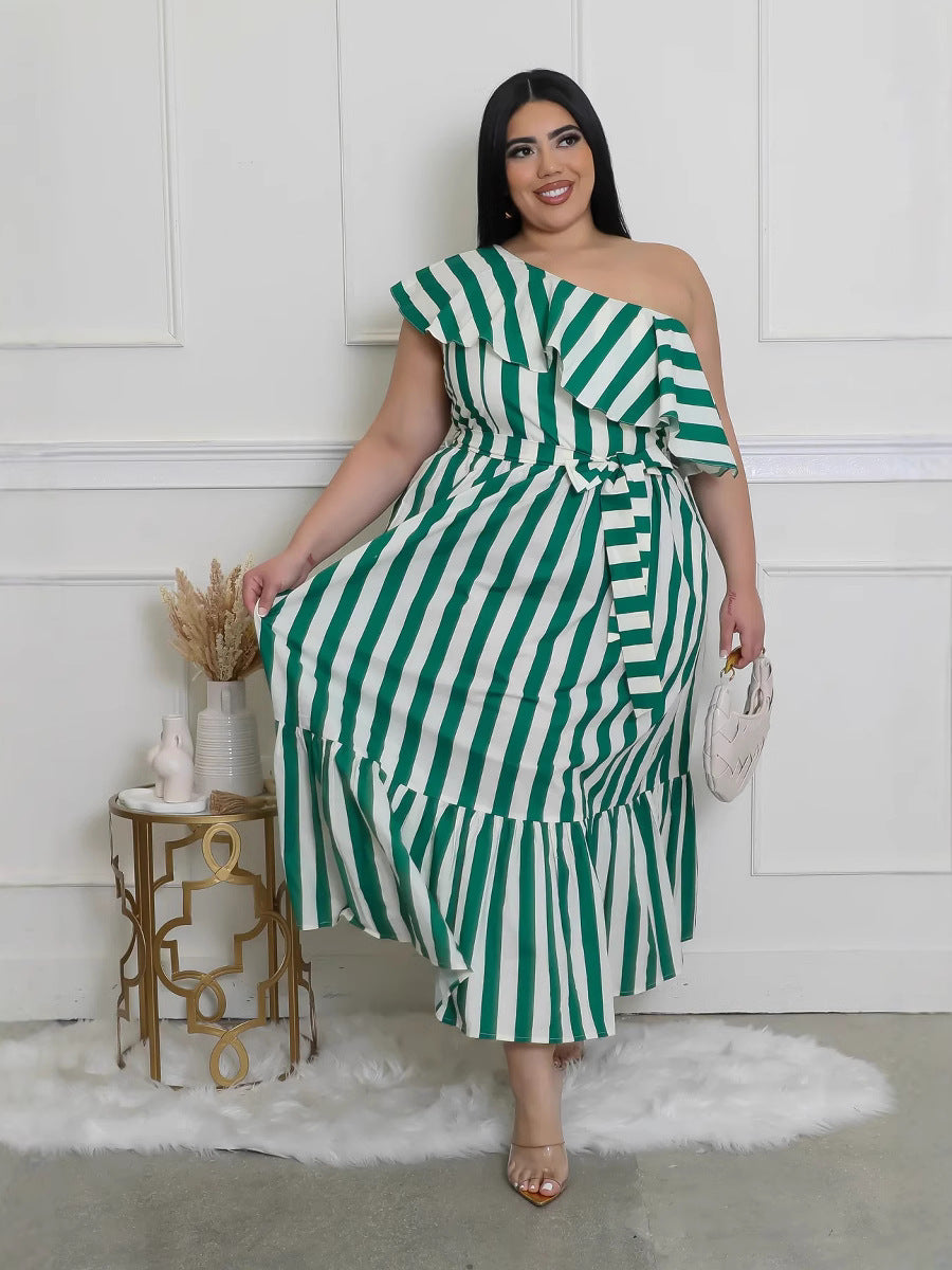 Women Striped Slash Shoulder Dress 5