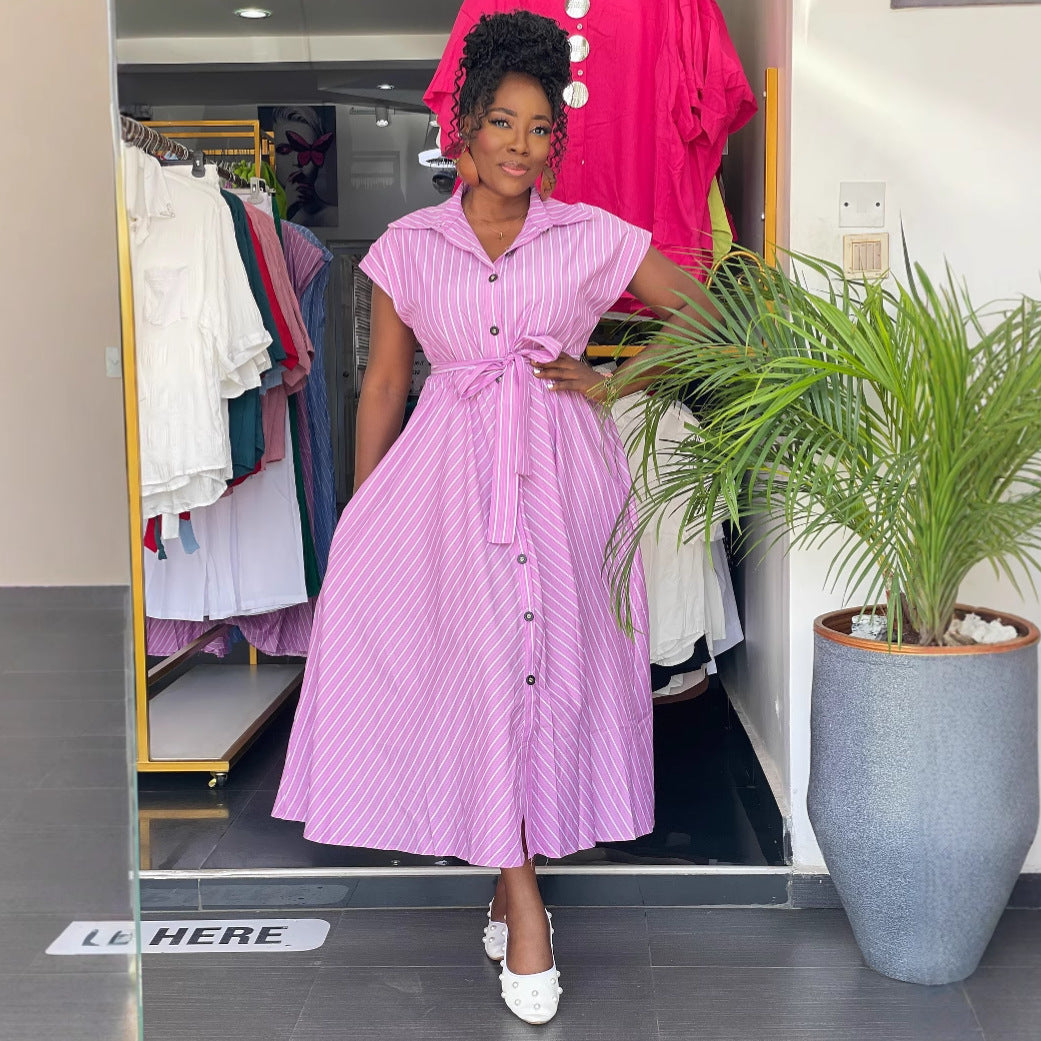 African Women elegant sleeveless single-breasted striped lace-up dress 7