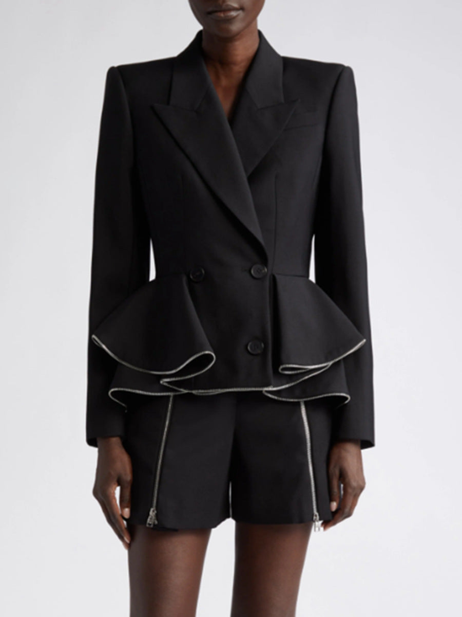Autumn Chic Career Style Double Breasted Patchwork Ruffle Slim Waist Slim Fit Short Blazer