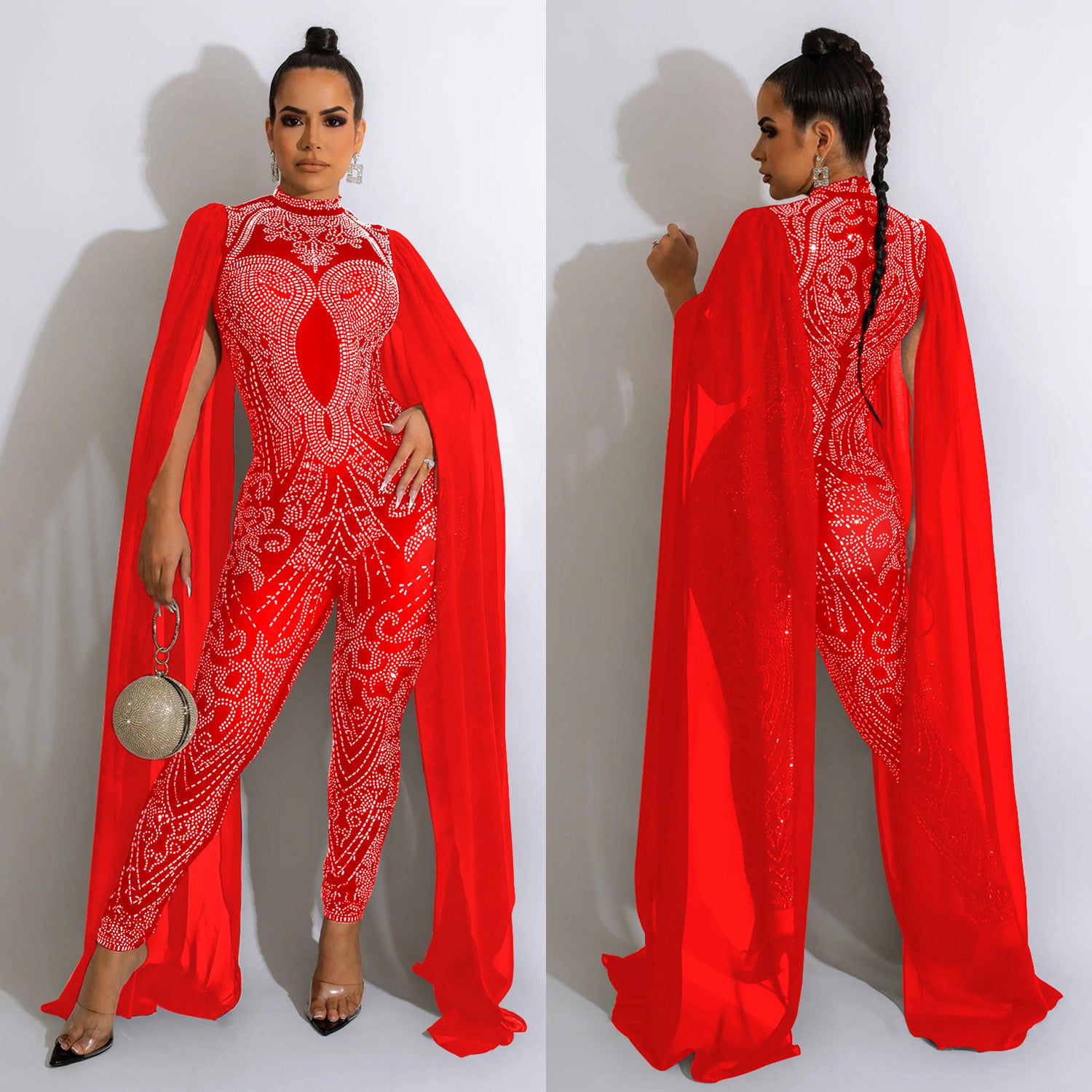 Women Beaded Mesh See-Through Slit Sleeve Jumpsuit 8