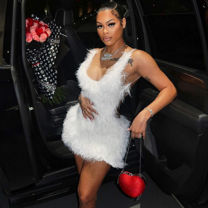 Women's fashion sexy hollow Low Back zipper solid color fur strap Bodycon dress 6