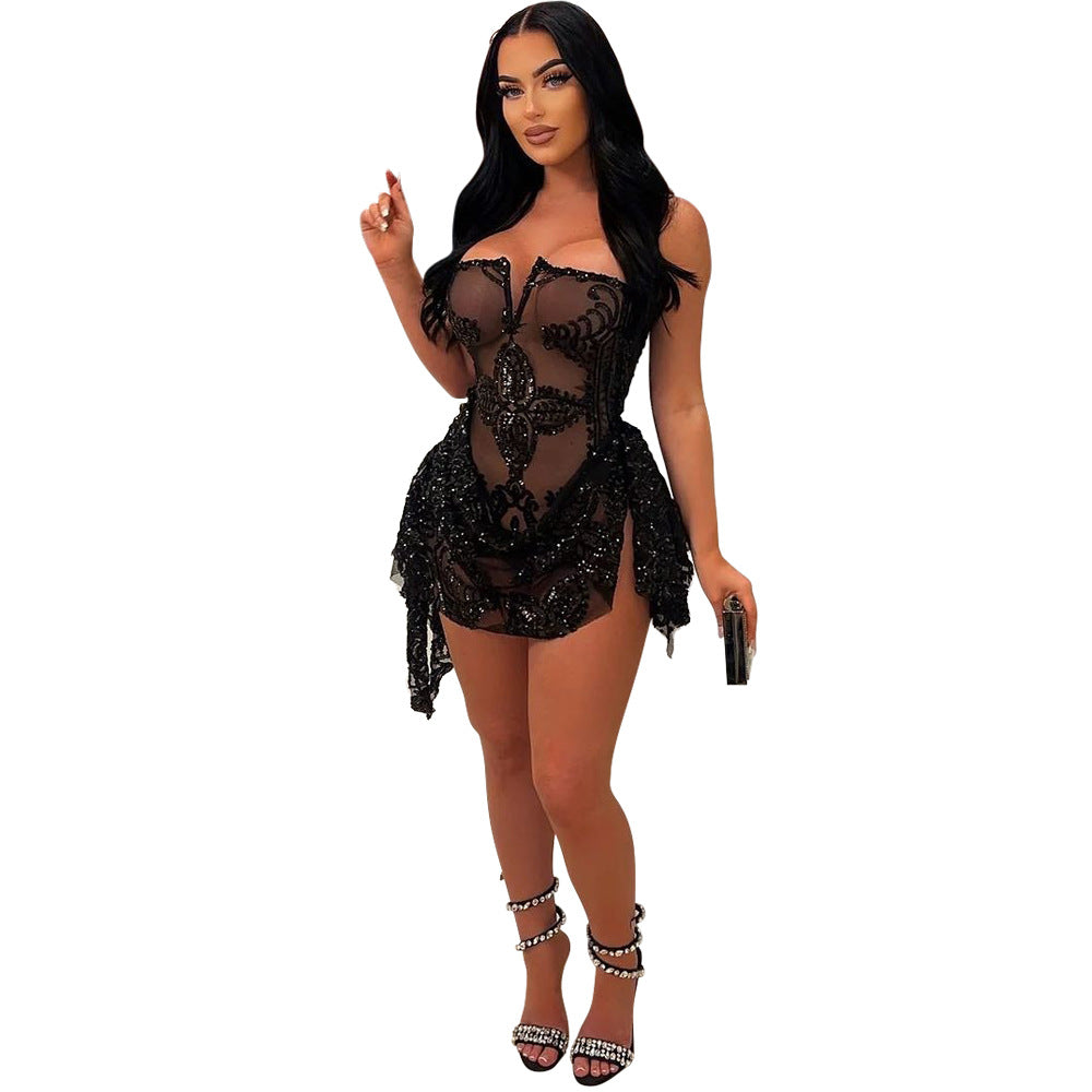 Women Sexy V-Neck Strapless See-Through Sequined Irregular Mini Dress 7