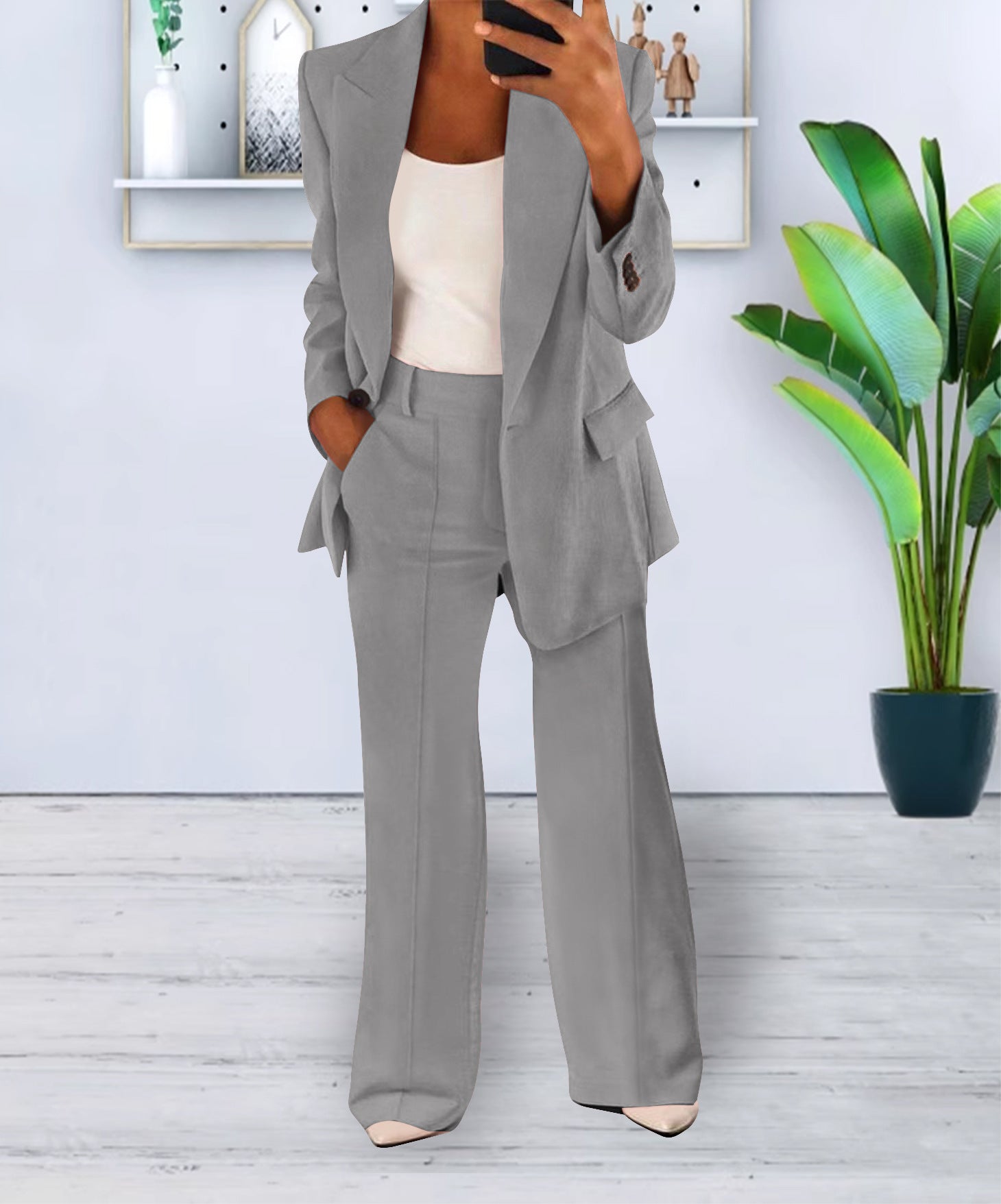 Fashionable Casual Solid Color Blazer Trousers Career Two Piece Suit 8