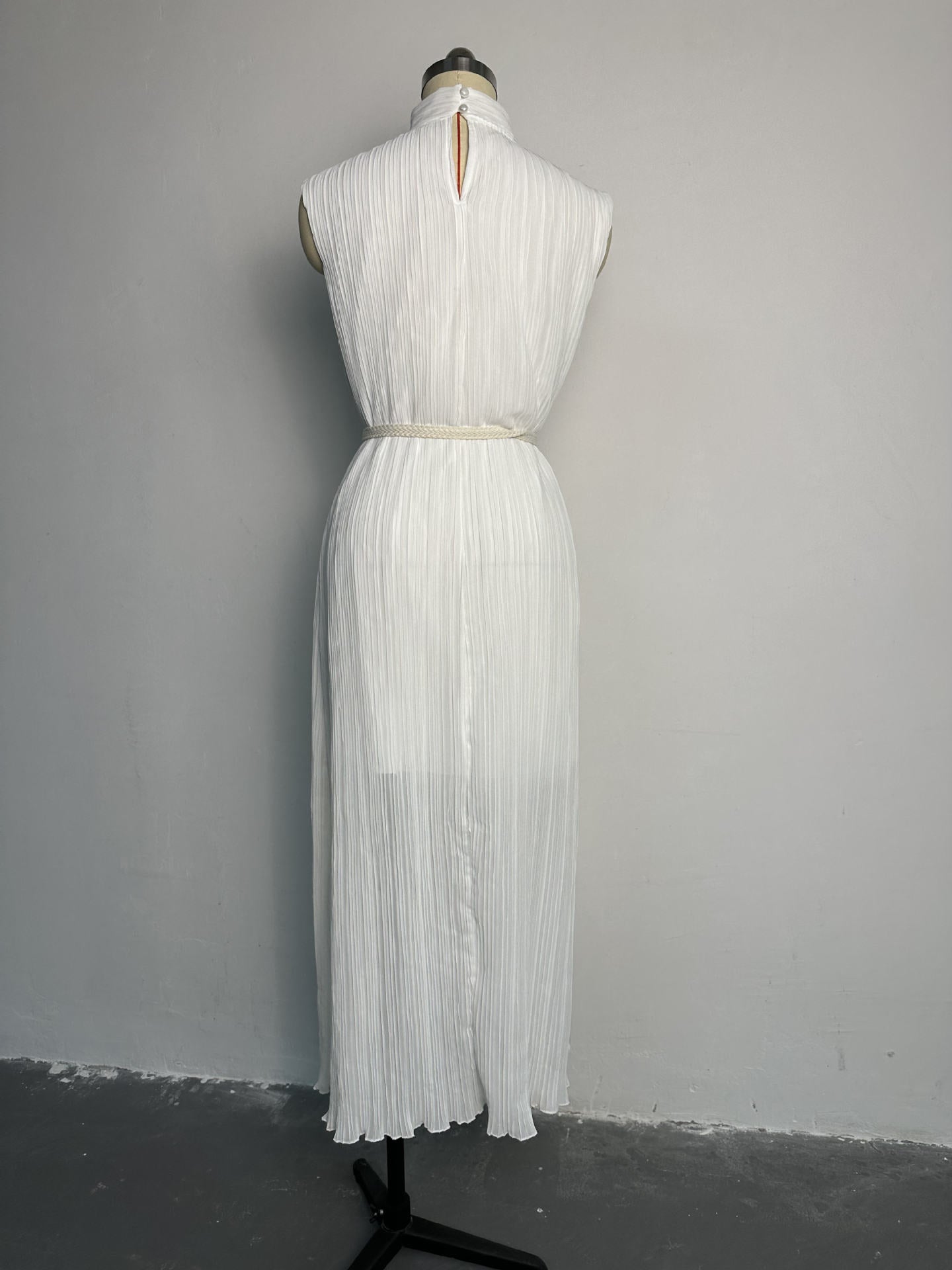 Women's Fashionable Simple Half Turtleneck Slim Waist Slim Fit Belt Maxi Dress 5