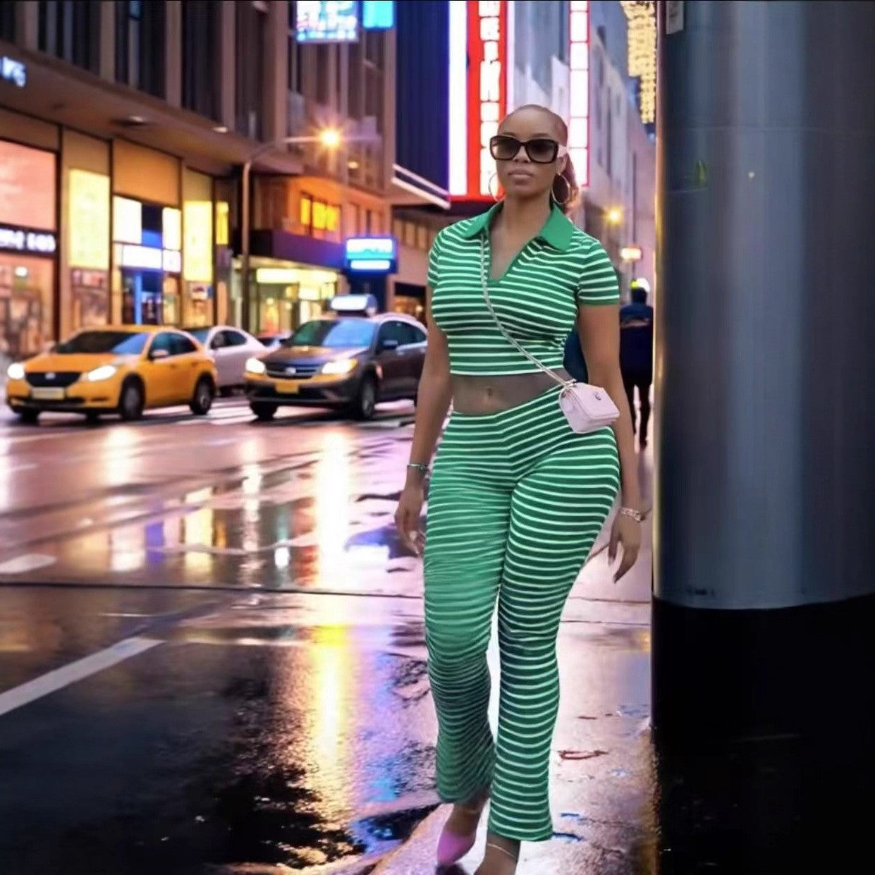 Fashion Turndown Collar Shirt & Striped Bell-Bottom Pants Summer Knit Set 14