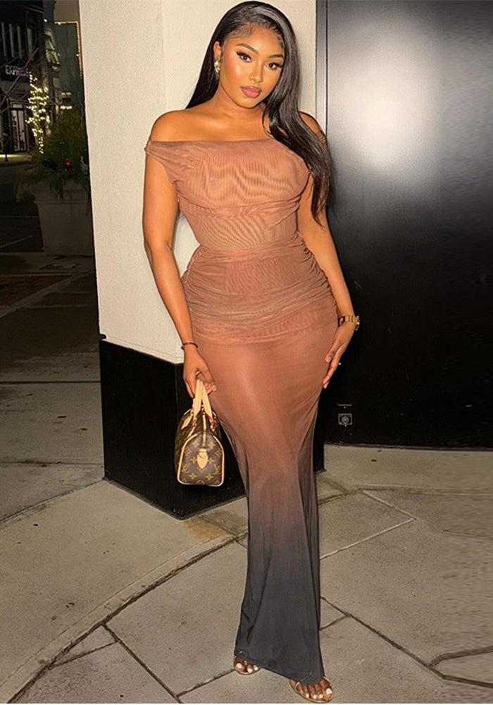 Women Elegant Gradient Colorblock Strapless Off Shoulder Dress