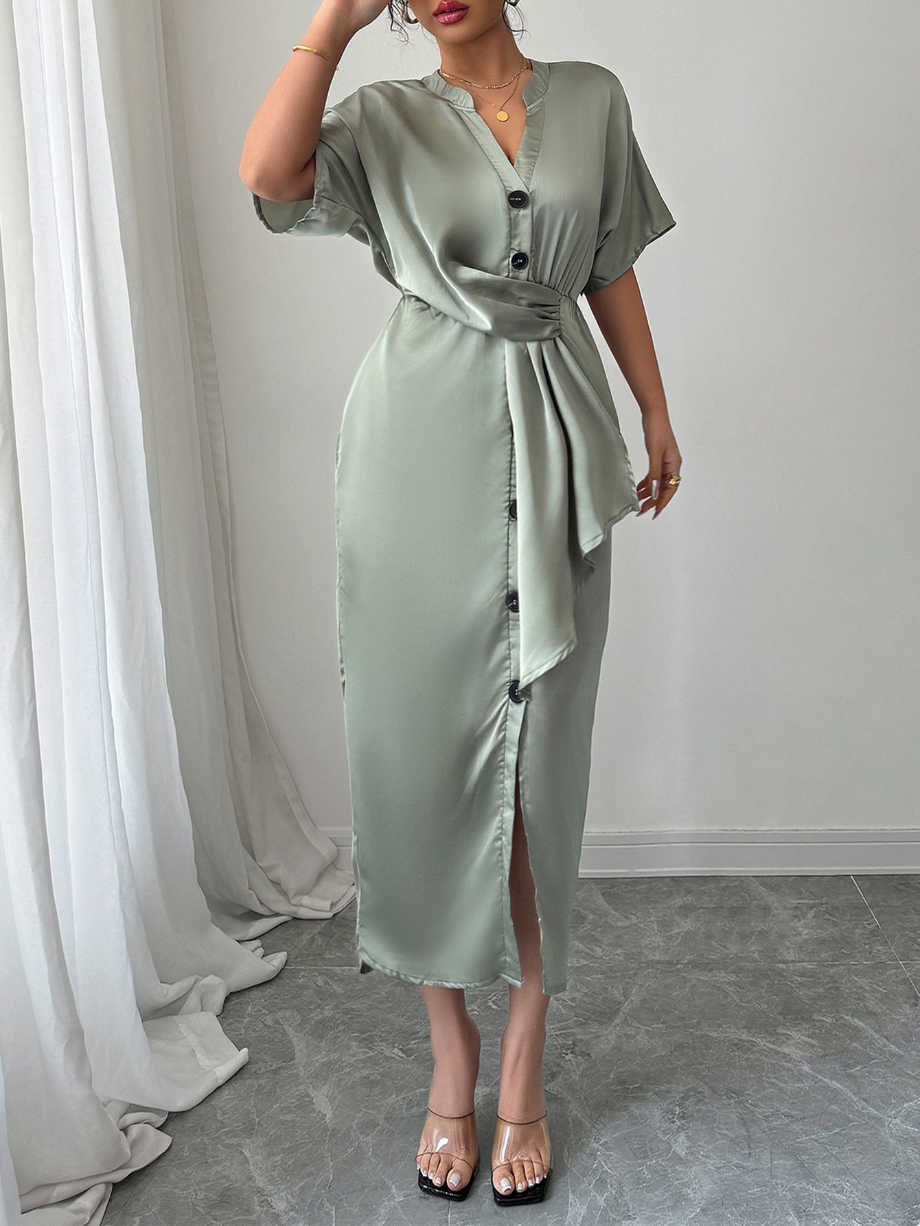 Spring/Summer Chic Elegant V-Neck Side-Slit Slim Waist Midi Dress 5
